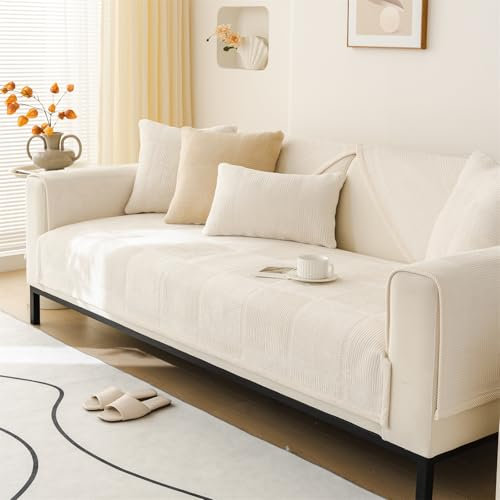 LINGKY Sofa Überzug, Samt Sofabezug 1/2/3/4 Sitzer, Sofaschoner rutschfest, Couch überzug L Form Sofaüberwurfe, Neue Universelle Sofa Sitzkissenbezug, Waschbar Couchbezug (Beigeweiß,90x180cm)