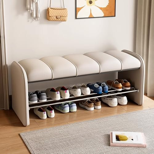 MARIYCH Gepolsterte Schuhbank, Eingangsbank für Schlafzimmer, Bettende, Ottomane-Bank aus PU-Leder, Schuhregal im Flur, Beige