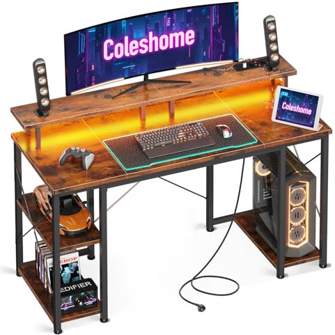 Coleshome Gaming Tisch mit LED-Beleuchtung, Computertisch mit 2 Steckdosen & 2 USB-Anschlüssen, Gaming Schreibtisch mit Monitorständer & Stauraum, Home Office Schreibtisch, Braun, 120x50cm