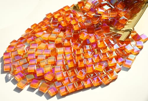 CHICSHIS 300G Mini Iridescent Mosaic Tiles for Crafts, 1x1 cm Stained Glass Pieces Ideal for DIY Home Mosaic Decorations, Perfect for Mosaic Art, Bright Orange Glass Tiles for Creative DIY Projects