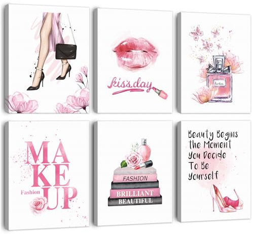 ANHUIB Moderne Frauen Wandkunst Rosa Poster Mädchen Schlafzimmer Leinwand Kunst Fashion Poster Set 6 Wanddeko für Schlafzimmer Wohnzimmer Make Up Wall Art Bilder Teenager Mädchen Zimmer Deko 20×25cm