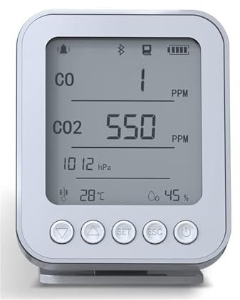 ZKLGS Air Quality Monitor, Smart Home Air Quality Monitor CO2 CO Humidity Temperature Pressure Sensor With 5 In 1 Multifunctional Smart APP Control for Home Office School(Sliver)