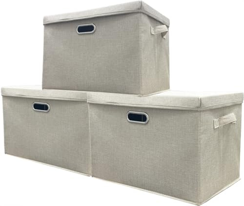 TempFoo Storage Boxes with Lids Fabric, 3pc 38 L Collapsible Beige Large | Stackable Cube Storage Box, Bedroom Foldable Wardrobe Shelves Organiser Decorative Baskets are used to Store Toys Clothes