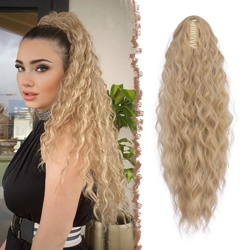 FESHFEN Pferdeschwanz mit Klammer, Lange Wellig Lockig Haarextension Synthetik Zopf Haarverlängerung Claw Clip in Haarteil Ponytail für Damen 75cm Blond und Aschblond Gemischt