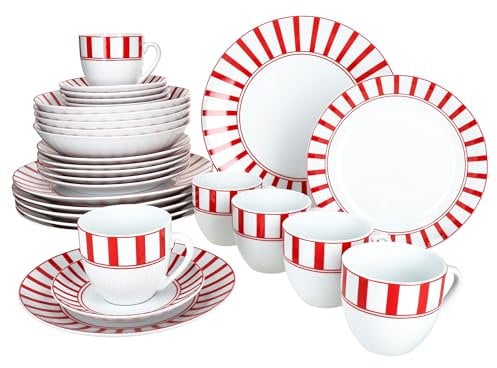 MamboCat Split Service de table 30 pièces en porcelaine blanche avec rayures pour 6 personnes I 6 tasses, soucoupes, assiettes à gâteau, assiettes creuses et assiettes plates