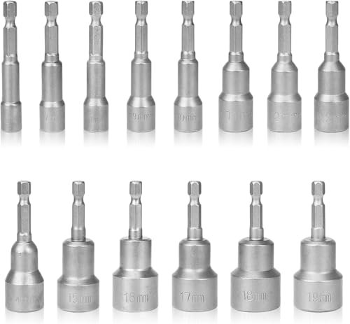 Lot de 14 douilles hexagonales, 6 à 19 mm, ensemble de tournevis magnétiques de 6,35 mm, forets à changement rapide, embouts pour perceuses électriques, tournevis électriques (longueur 65 mm)