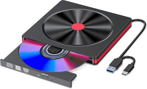 Taiker External CD Drive,Type-C&USB 3.0 Portable CD/DVD +/-RW Drive Slim DVD/CD ROM Rewriter Burner 8x Read/Write Speed for Laptop Desktop PC Linux Mac OS Macbook Pro Windows 11/10/8/7/XP/Linux/Vista