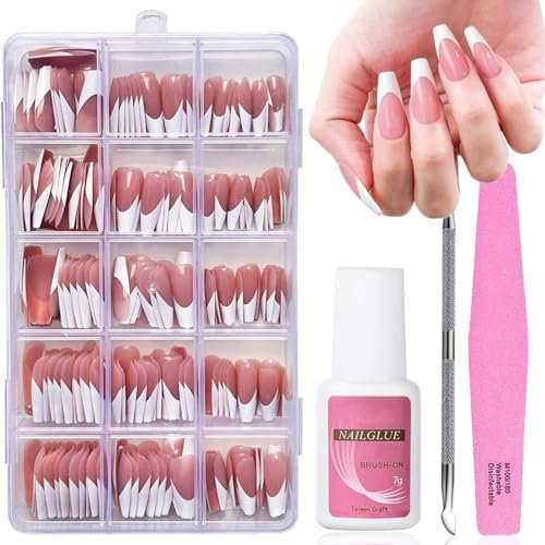 False Nails Kit - 240Pcs French Tip Nails - Press on Nails Long Nude Base Glossy - Full Cover Coffin False Nails Ballerina in 15 Sizes - Nail Art Manicure for Women