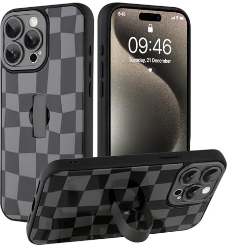 SOKAD for iPhone 15 Pro Case with Finger Strap Kickstand, Black Checkered
