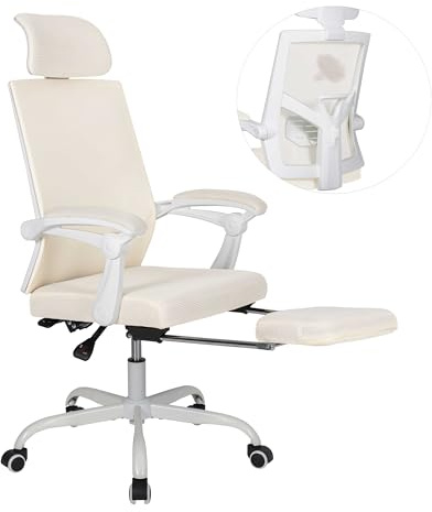 UEV Bürostuhl Ergonomisch mit verstellbare Fuß-/Lenden-/Kopfstütze, Beige | Schreibtischstuhl Drehstuhl Gaming stuhl atmungsaktiv Mesh Stoff, höhenverstellbar neigbar bis 135°