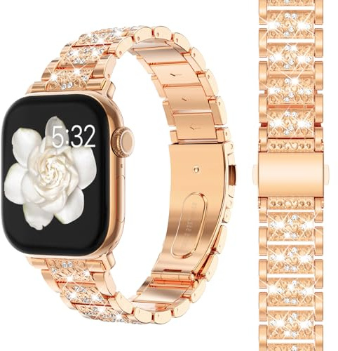 CHANCHY Kompatibel mit Apple Watch Armband 42mm(Series 10 11) 41mm 40mm 38mm, Damen Funkeln Gliederarmband Metallarmband Ersatzarmband für iWatch SE 3 2 1/ Series 11 10 9 8 7 6 5 4 3 2 1, Roségold