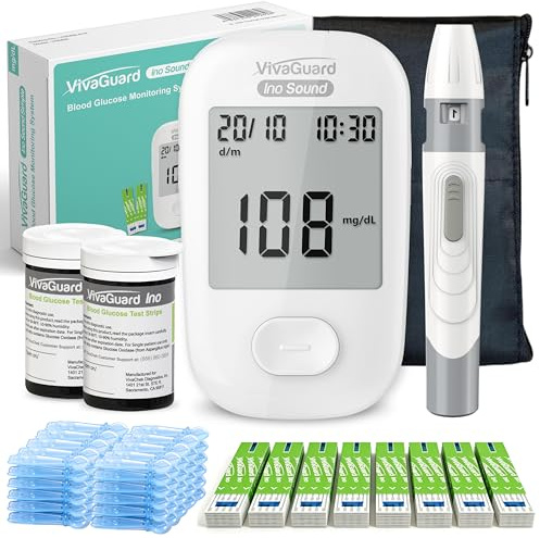 VivaGuard Talking Blood Glucose Monitor Kit, 100 Glucometer Strips & 100 Lancets, 1 Blood Sugar Monitor, 1 Lancing Device, Diabetes Testing Kit for Seniors and Home Use with Travel Case, No Coding