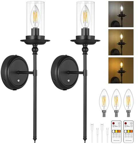 ABOHU Juego de 2 Apliques de Pared Que Funcionan con Pilas, USB Recargable Apliques Sin Cable Batteria Regulable con Control Remoto y Bombillas Carga Desmontables, para Salón, Dormitorio (Negro)