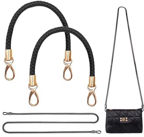Zyiphor 2 Stück Taschenhenkel 40cm Taschengriffe Ersatz Schultergurt Geflochtene Taschengurte aus PU Leder Handtaschengriff mit 1 Stück Geldbörsen Kette Taschenkette Schulterriemen 120cm (Schwarz)