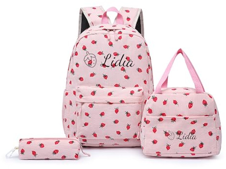 Personalized Children Backpack 3-in-1 Set with Embroidered Name, 20L-Pink | Strawberry Corduroy Backpack Set for Girls, School Bag with Lunch Box & Pencil Case for Primary & Secondary Students