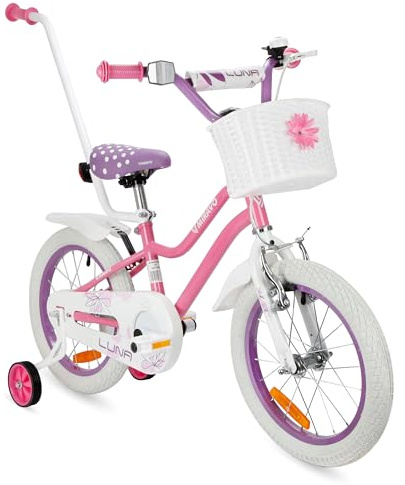 MIRAVO Kinderfahrrad Fahrrad Kinder Ab 3 Bis 6 Jahre Mit Stützrädern Schubstange V-Brake Bremsen Rückstrahl Aufkleber 16 Zoll Radgröße Korb Für Mädchen Luna
