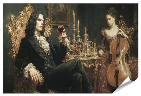 islandburner Poster Gothic Vampir Lord auf goldenem Thron mit Musikerin und Cello - Standard