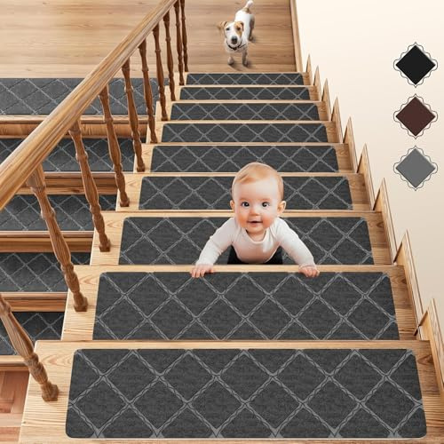 Grey Stair Treads 20x76cm /8x30 Non-Slip Self Adhesive Carpet Stair Mats, Modern Simple Stair Covers for Indoor Wooden Steps, Safety Stair Pads for Kids Pets Elders and Pets 15 Pack (Grey Cube)