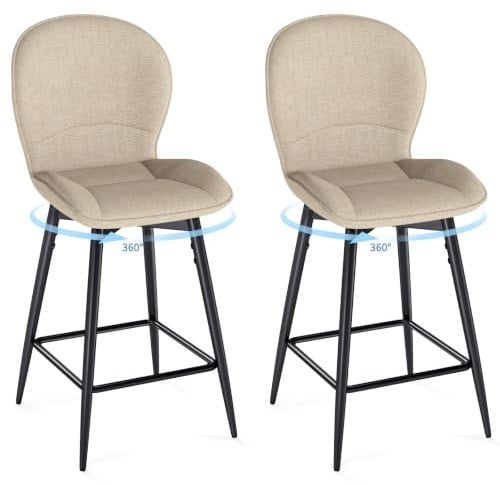 LEWE Taburetes Altos de Cocina para Bar, Giratorio 360°, 65cm, Pack 2-Caqui | Sillas Altas de Cocina, Respaldo de Tela, Reposapiés Metálico, Escandinavo Moderno, para Isla de Cocina, Bar, Comedor
