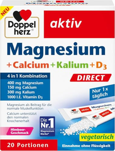 Doppelherz Magnesium + Calcium + Kalium + D3 DIRECT - mit Himbeer-Geschmack | 400 mg Magnesium als Beitrag für die normale Muskelfunktion - einfache Einnahme und praktisch für Unterwegs - 20 Portionen