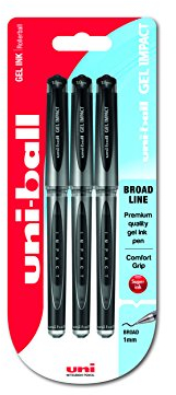 uni-ball 153529073 UM-153S Signo Impact Gelschreiber mit gummiertem Griff, Gel Super-Tinte, fälschungssicher, 1 mm breite Spitze, 3 Stück schwarz