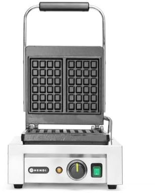 HENDI Waffeleisen 'Liège', Zwei 4x6 Quadrat-Muster, mit Waffelgabel, Temperatur stufenlos regelbar, antihaftbeschichtete Platten aus Gusseisen, 230V, 1500W, 320x437x(H)251mm, Edelstahl