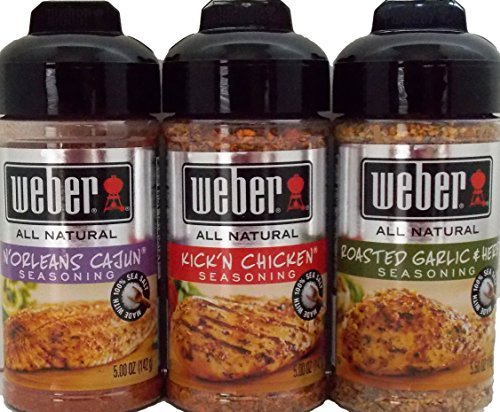 Weber All Natural Seasoning Blend 3 Flavor Variety Bundle: (1) Weber N'Orleans Cajun Seasoning Blend, (1) Weber Roasted Garlic & Herb Seasoning Blend, and (1) Weber Kick'N Chicken Seasoning Blend, 5.0 - 5.5 Oz. Ea. by Weber