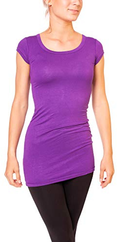 Easy Young Fashion - Damen Basic T-Shirt - langes Kurzarm Longshirt - Rundhals Longsleeve - Unterziehhemd Skinny Fit 1002 - Violett M