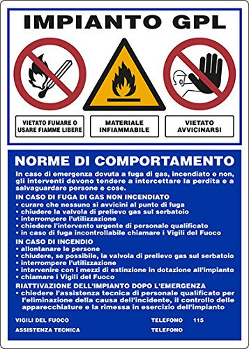 cartello alluminio cm 50x35 ATTENZIONE IMPIANTO DI G.P.L NORME DI COMPORTAMENTO