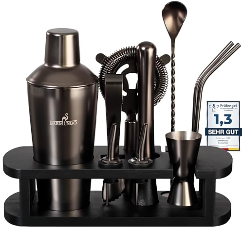 BARMINGO Shaker Cocktail Kit | 11 Pièces, Volume de 700 ML, Noir Métallisé | Shaker Cocktail INOX avec Support et Accessoires de Bar | Set Barman Cocktail Shaker | Kit Cocktail Professionnel