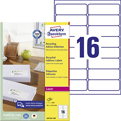 AVERY Zweckform LR7162-100 Recycling Etiketten (1.600 Adressaufkleber, 99,1x33,9mm auf A4, 100% recyceltes Altpapier, bedruckbar, selbstklebend, für DIN lang Briefkuverts) 100 Blatt, naturweiß