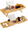 Relaxdays Bambus Badewannenablage & Tablett 2in1, Buchstütze, Weinhalter, Wannenablage, 74,5-114 cm ausziehbar, Natur, H x B x T: ca. 18 x 114 x 25 cm