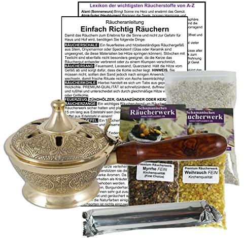 Räuchergefäß Weihrauchbrenner 7-TLG Starter-Set mit Räucherzubehör + WEIHRAUCH & MYRRE. Räucherpfanne mit Räucherwerk, Räucherkohle, Räuchersand, Räucheranleitung, Räucherlexikon. 82000-M1