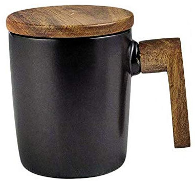 Tasse à café avec poignée en bois et couvercle en céramique, tasse à boissons chaudes et froides 12 oz (noir)