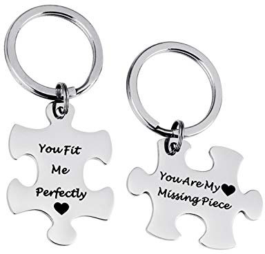 Uloveido You Fit Me Perfectly Valentine's Day His and Hers Puzzle Piece Keychain Set, Stainless Steel Couples Keyring Y656