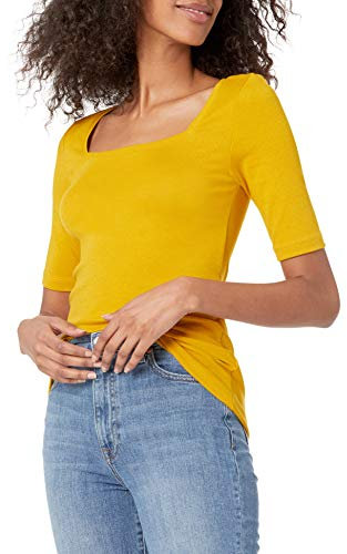 Amazon Essentials Women's Slim-Fit Half Sleeve Square Neck T-Shirt, Dark Yellow, L