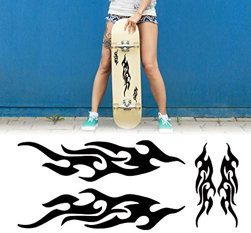 TOMALL 4 Stück 12cm + 29cm Flamme Reflektierend Aufkleber für Auto Rennsport Sportstreifen Aufkleber für Golfwagen Vinyl Wasserdicht DIY für Karosserie Truck SUV Geländewagen Skateboard (Schwarz)
