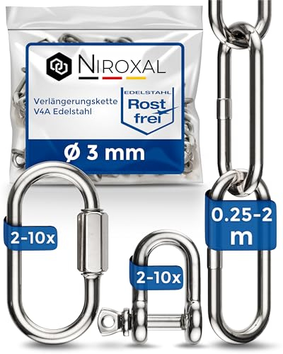 100-cm = 1-Meter 3-mm starke Verlängerungs-Kette aus Edelstahl Bruchlast max 350 kg mit Schäkel Schraub-Verbinder aus V4A Befestigungs-Set Aufhängung von Boxsack Hängematte Hängesessel