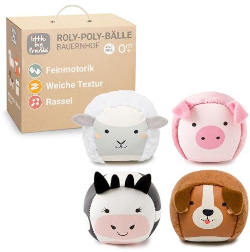 Little Big Friends Les balles Doudous Set de 4 balles Jouet Sensoriel pour bébé | Thème Ferme