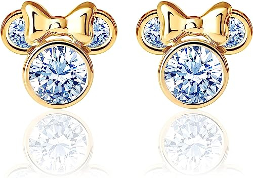 Disney Minnie Mouse Ohrringe mit 9 karät Gelbgold für Mädchen, verziert mit Zirkonia Geburtsstein