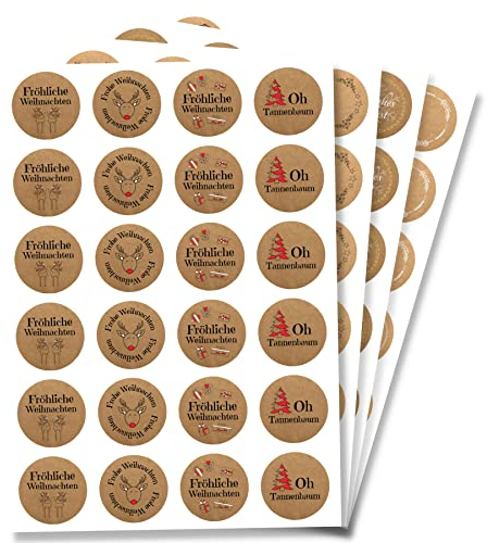 4er Set Aufkleber für Weihnachten (96 Sticker) - Weihnachtsaufkleber für Geschenke - Weihnachtssticker Rund - Fröhliche Weihnachts Etiketten zum beschriften - Selbstklebend - Kraftpapier-Optik