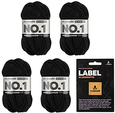 myboshi No.1 Wolle zum Häkeln und Stricken, Schnellstrickgarn, langlebige Mützenwolle, Strickwolle, Häkelwolle, mulesing-frei, Ll. 55m /50g, 30% Wolle (Merinowolle) Schwarz (Schwarz) 4 Knäuel