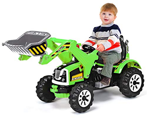 GOPLUS Elektrobagger mit Schalter für hohe/niedrige Geschwindigkeit, Kinderbagger mit Hebel für Vorwärts- und Rückwärtsfahren, Sandbagger, Spielbagger, Elektrofahrzeug mit Pedal, 149x62x74cm (Grün)