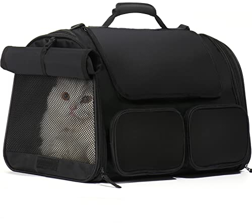 FUKUMARU Transportbox Katze, Faltbare Katzentransportbox, Transportbox Hund mit Reisetasche, Transportbox für Katzen/Hund bis 22kg, Schwarz