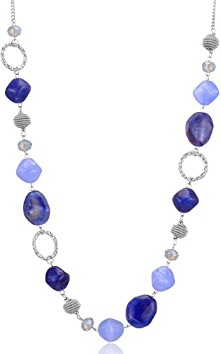 Bulinlin Silber Perplen Lang Kette für Damen Boho Statement Chain Halskette Modeschmuck Geburtstagsgeschenke für Frauen(Dark light blue)