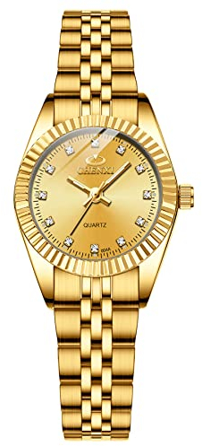 JewelryWe Damenuhr Quarz Analog Partner Freundschafts Armbanduhr Business Casual Edelstahl Armband Damen Uhr mit Beleuchtenden Zeiger und Strass rundem Zifferblatt, Geschenk für Frauen Mädchen, Gold