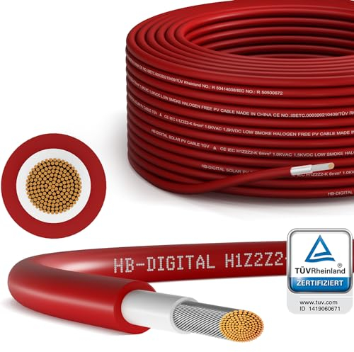 HB-DIGITAL 20m Solarkabel H1Z2Z2-K - TÜV Rheinland zertifiziertes - 6mm² flexibel UV witterungsbeständig PV Kabel reines Kupfer 1500V DC für Solarpanel Wechselrichter Photovoltaik - Rot