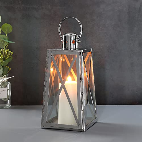 TRIROCKS Edelstahl Dekorative Laterne 30 cm hoher Metall Kerzenhalter mit klaren Glasscheiben Perfekt für Wohnkultur Wohnzimmer Partys Events Tischplatte drinnen draußen (Silber)
