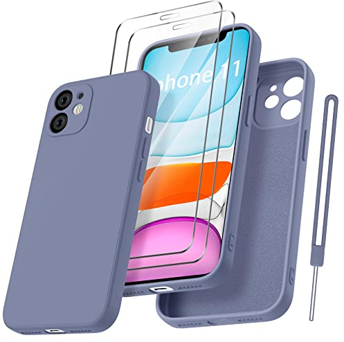 Qasyfanc Coque Protection Caméra pour iPhone 11 avec 2 Pièces Verre Trempé, Housse de Protection Silicone Antichoc Doublure Microfibre Douce Ultra Fine pour iPhone 11 6.1 - Bleu Gris