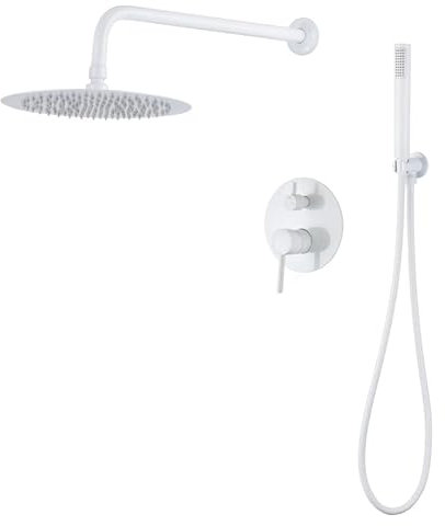 VALAZ Ducha Empotrada Blanca | Ducha Monomando 2 Vías, Rociador Efecto Lluvia | Instalación en Pared Fácil y Rápida | Inoxidable, Redonda, Rociador 25 cm, Serie Jucar
